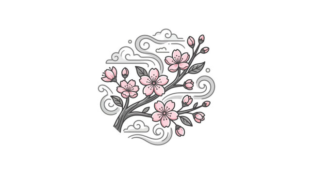 Elegant Cherry Blossom Branch with Traditional Asian Style Swirling Clouds Illustration