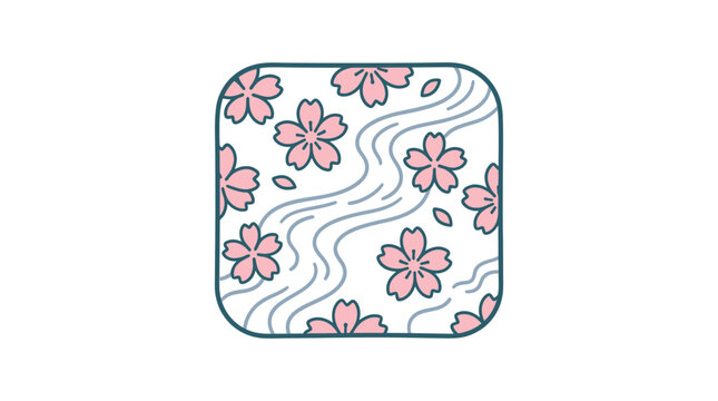 Japanese style illustration featuring pink cherry blossoms and blue waving water lines in a rounded square frame