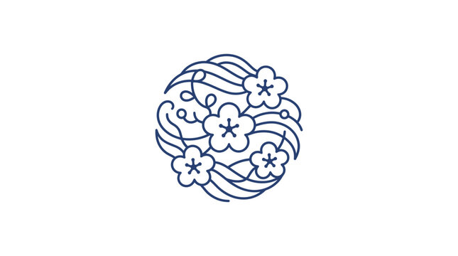 Elegant Japanese Style Floral Ornament Circle with Stylized Blue Flower and Swirling Line Patterns for Decorative Design