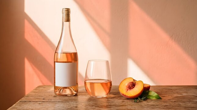 A beautiful still life composition featuring a bottle of ros wine alongside ripe fresh peaches and a wine glass bathed in warm