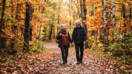 Fototapeta premium Joyful senior couple hand in hand walking a vibrant autumn forest path surrounded by beautiful golden fall leaves depicting active retirement enduring love and healthy outdoor lifestyle moments