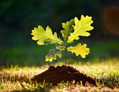 small oak plant tree oak planted in the soil substrate seedlings or plants illuminated by the side light highly lighted oak leaves with dark background and green grass
