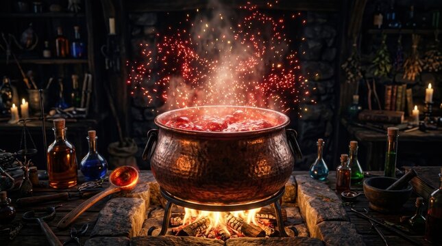 Mystical copper cauldron bubbling with red magic potion over a crackling fire