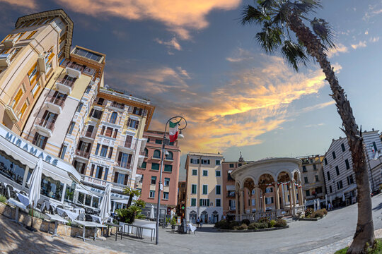 Rapallo, GE, Italy - May 26, 2026: Lungomare Vittorio Veneto, Piazza Martiri della Liberazione with Chiosco della Musica, a music kiosk in Liberty style (Italian Art Nouveau), built in 1929.