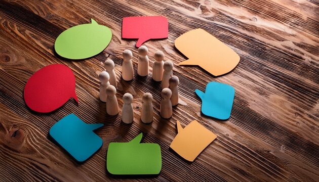 wooden figurines arranged in circle with colorful speech bubbles on wooden office table