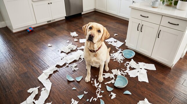A guilty-looking dog sits in a messy kitchen surrounded by broken dishes and scattered paper