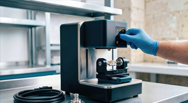 Technician hand in blue nitrile glove operating precision dental CAD CAM milling machine in laboratory. High-tech equipment for prosthesis fabrication on stainless steel table in medical lab