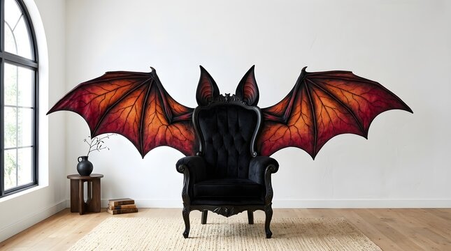 A digitally created dramatic artwork shows a black chair magically transformed into a winged beast within a simple modern room interior