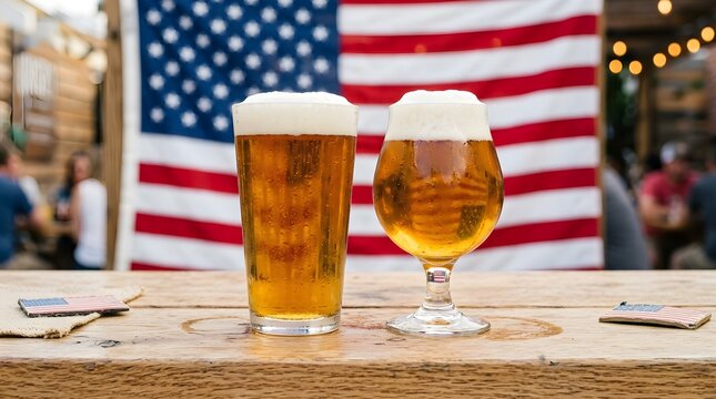 Two glasses filled with rich golden beer are resting on a rustic wooden table with a softly blurred american flag visible in