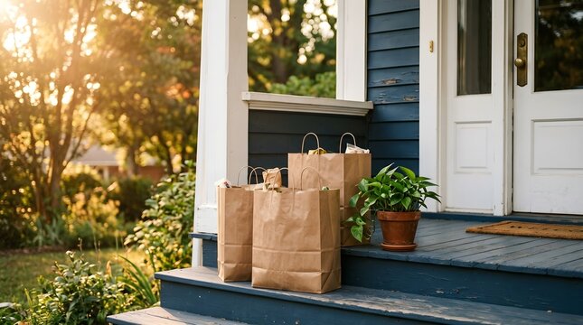 Grocery shopping delivered and carefully placed on the front porch of a charming blue home on a beautiful bright and sunny afternoon