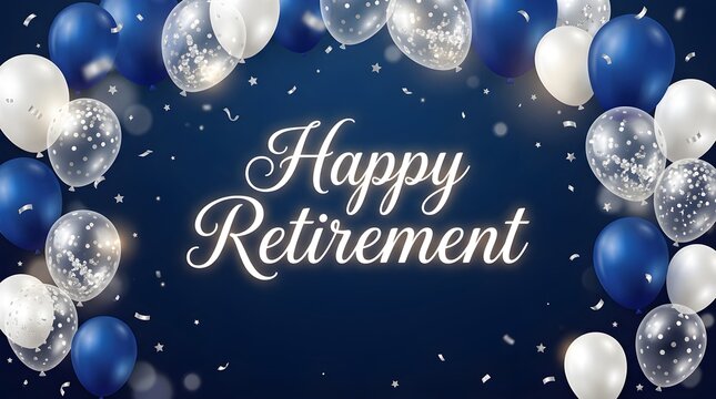 A celebratory and happy retirement message is beautifully presented with shimmering silver and blue balloons against a rich dark navy background