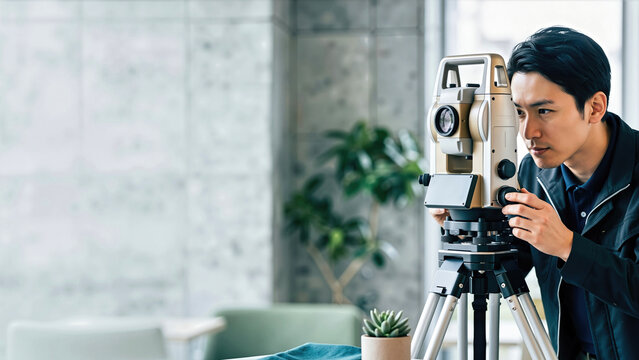 Asian male land surveyor operating digital total station optical equipment in modern bright indoor workspace. Engineering, architectural measurement, surveying and construction planning banner