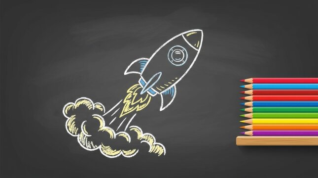 Chalk drawing of a rocket launching with colorful pencils on a chalkboard