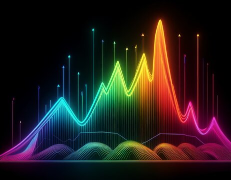 normal distribution curve with rainbow gradient neon bars on black background with axes