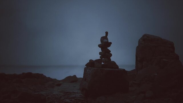 Cairn silhouette at dusk over sea, deep red and navy tones, solitary stack standing like beacon on rough rock, low light grainy atmosphere, dramatic calm
