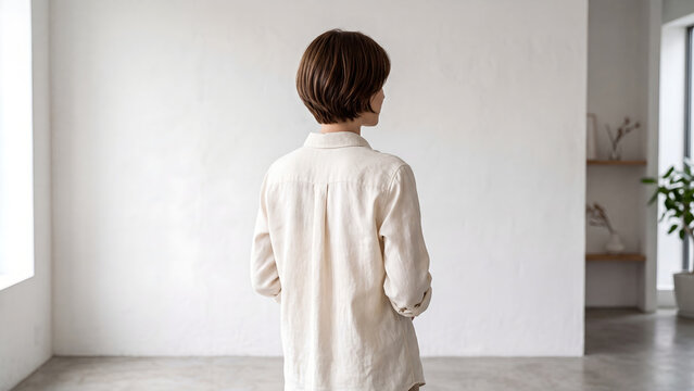 Back view of a young woman standing in white outfit perfect for minimalist fashion concepts and everyday routine concepts