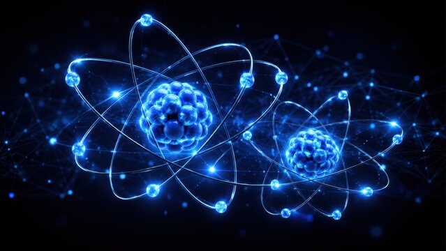 Abstract glowing atomic structure with orbiting electrons in deep blue