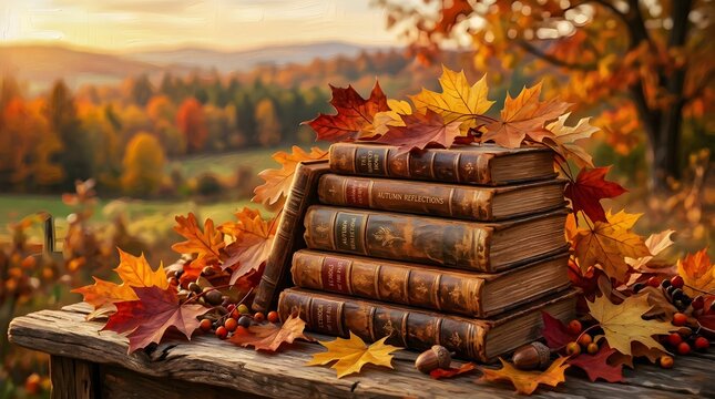 A lovely and carefully arranged stack of well worn antique books rests among colorful autumn leaves in a peaceful outdoor scene