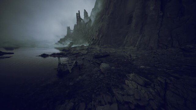 Misty cliffside harbor scattered with wrecks, steep rock spires, low tide pools, abandoned boats halfsubmerged, heavy fog rolling from sea, cinematic cold