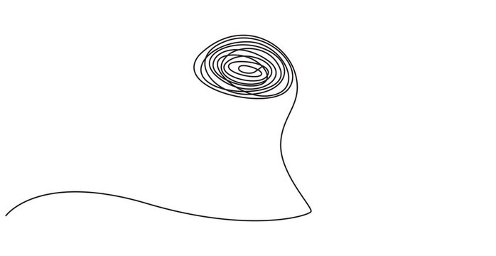 Head with confused thoughts one line art animation, hand drawn continuous contour drawing motion. Mental health concept, muddled feelings, worry and anxiety online, template outline.4k self-drawing,4k