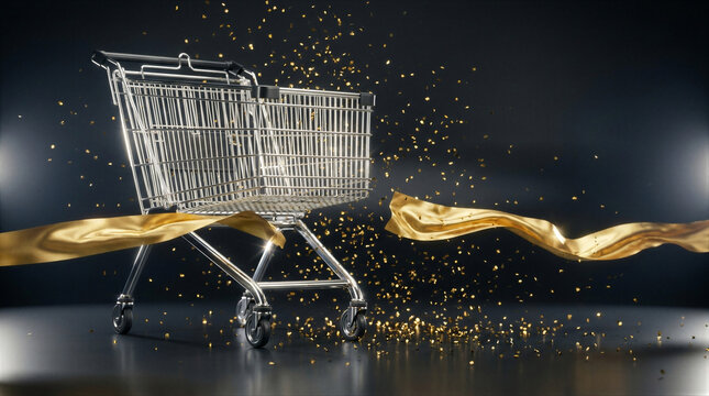 Empty metal shopping cart with gold ribbon and falling confetti against dark background. Business concept for Black Friday retail sale, luxury consumerism and seasonal marketing campaign