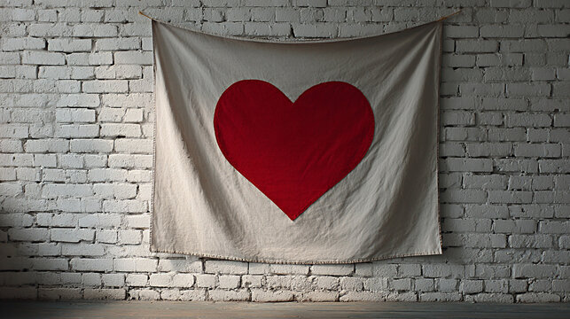 Fabric wall hanging featuring a large red heart design against a textured white brick wall in a minimalist interior setting