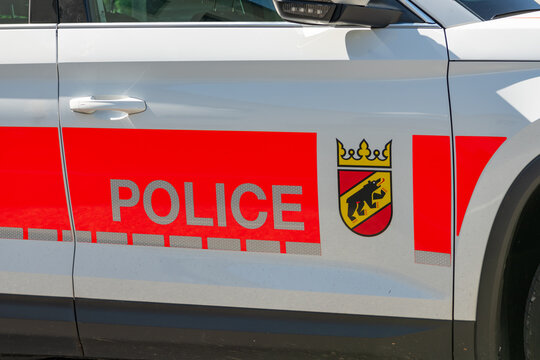 06 July 2026, Innertkirchen, Switzerland. Swiss police vehicle with official police markings and cantonal coat of arms