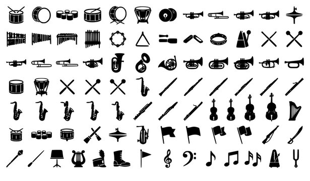 Marching Band Musical Instrument Silhouette Icon Set Vector