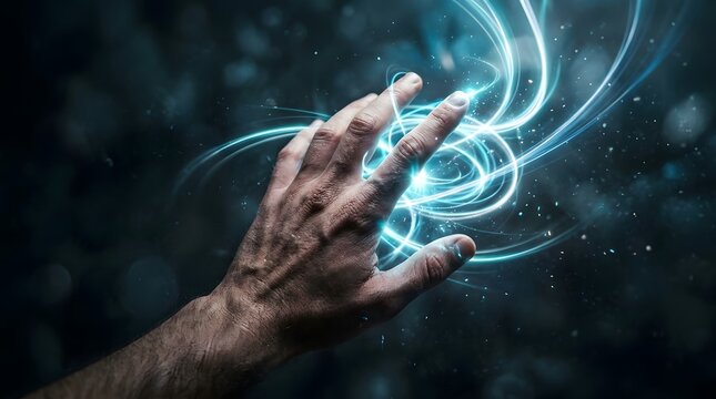 A close up of a weathered human hand casting glowing blue magical energy swirls in a dark atmosphere