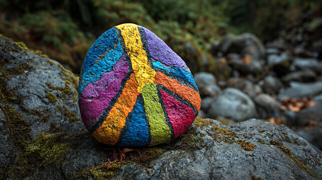 Colorful painted rock featuring peace symbol resting on a moss-covered stone near a flowing stream in a natural outdoor setting