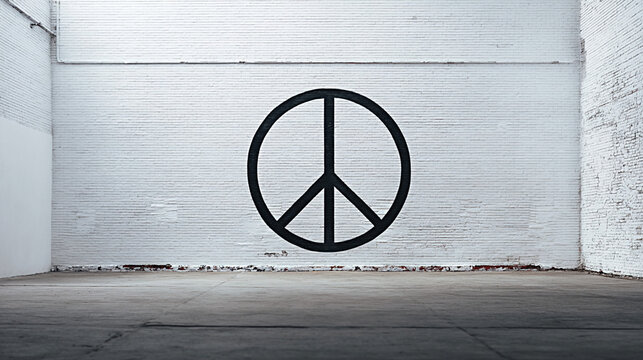 Large black peace symbol painted on a white brick wall inside an empty industrial space with concrete flooring and natural light streaming through windows