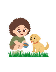 Child playing with puppy in grassy field