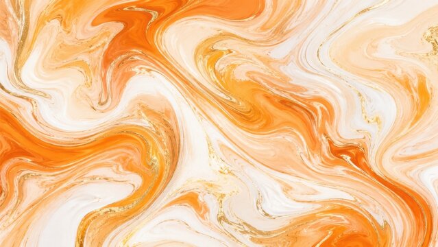 Abstract swirling orange and white marble texture with gold veins
