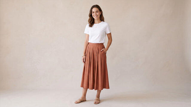 Full body portrait of a young woman in fashionable outfit perfect for modern fashion concepts and everyday routine concepts
