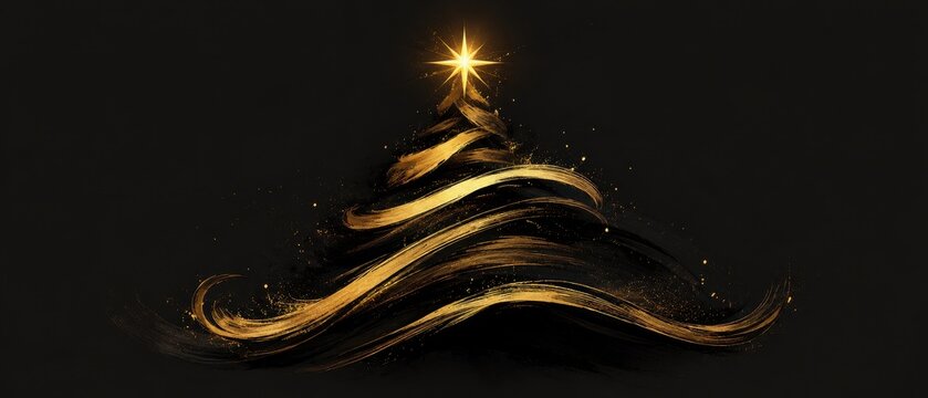 Elegant golden Christmas tree brush stroke with sparkling star on black background