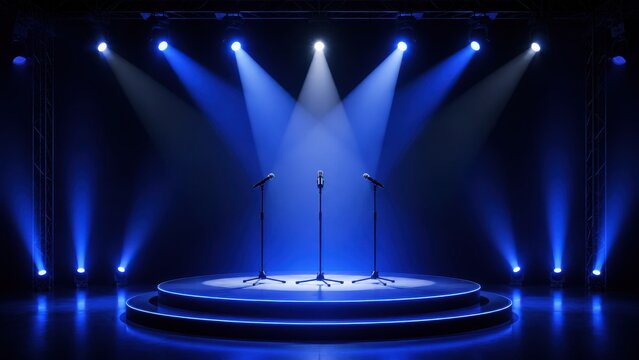Spotlight stage with three microphones ready for performance