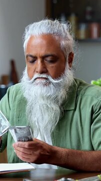 Indian mid age man counting Indian money notes at home, stylish bearded male managing monthly finance using calculator and diary while handling five hundred rupee currency notes at table