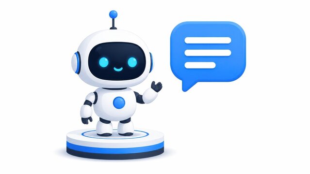 Friendly robot waving hello next to a blue chat bubble icon