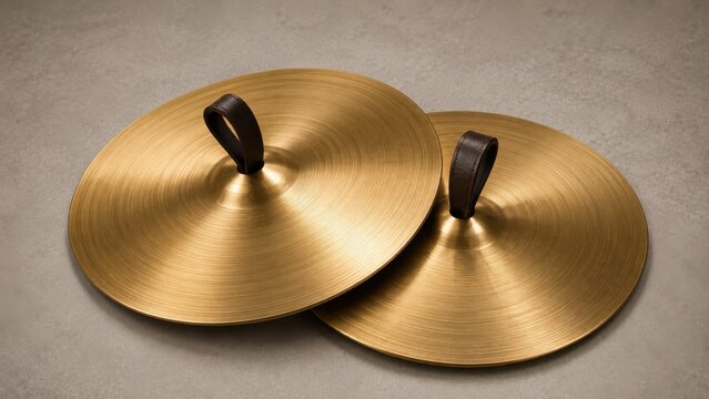 Pair of shiny brass cymbals with leather straps resting on a neutral textured surface