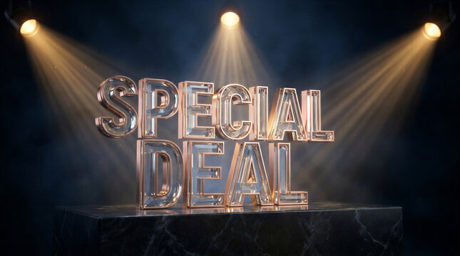 Special deal text in three dimensional rose gold metallic font on a marble pedestal. Professional studio lighting with spotlights for business promotion and holiday marketing campaign