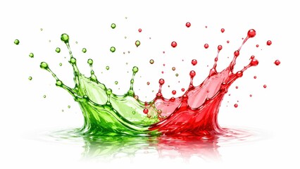 Fototapeta premium Vibrant red and green liquid splashes colliding in a dynamic crown shape