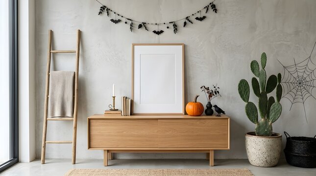 Warm and inviting autumn home interior featuring a wooden sideboard adorned with pumpkins and a delightful fall garland for seasonal festivities