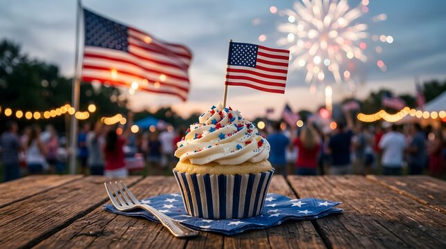 A beautifully decorated patriotic cupcake featuring american flags and a vibrant fireworks display celebrates independence day during a warm summer evening celebration