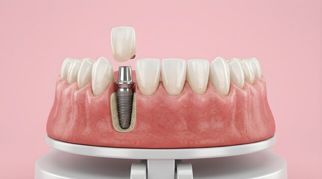A highly detailed anatomical model illustrates a dental implant successfully replacing a lost tooth among healthy pink gums and adjacent teeth