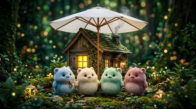 A magical forest landscape with charming animal figurines and a quaint illuminated cottage featuring a delightful whimsical paper lantern overhead