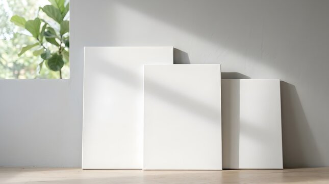 A minimalist interior features blank white canvases bathed in bright sunlight creating dramatic shadows across a beautiful warm wooden floor surface