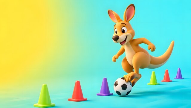 sports football kangaroo dribbling ball through colorful training cones

