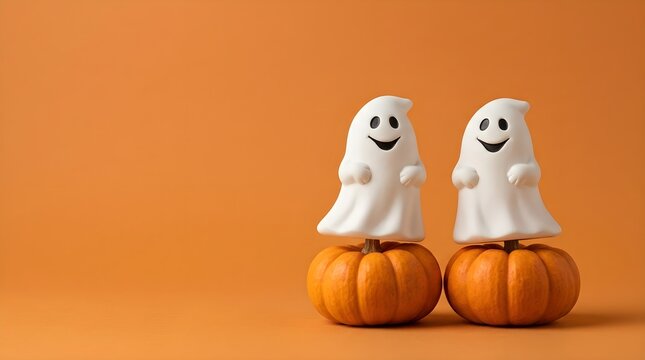A delightful halloween composition showing two cute ghost characters happily sitting on small pumpkins with a vibrant orange colored background