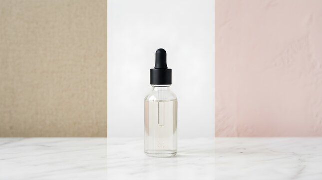 A refined clear glass dropper bottle holds a transparent liquid set against a gentle soft pastel abstract background for beauty products