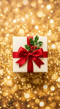 A beautifully presented christmas gift box is tied with a vibrant red ribbon and adorned with a festive holly sprig against a